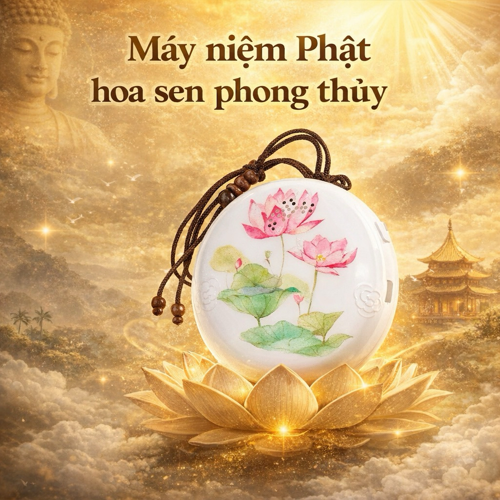 Máy Niệm Phật Hình Tròn Hoa Sen Phong Thủy Có Kinh địa tạng và 57 bài