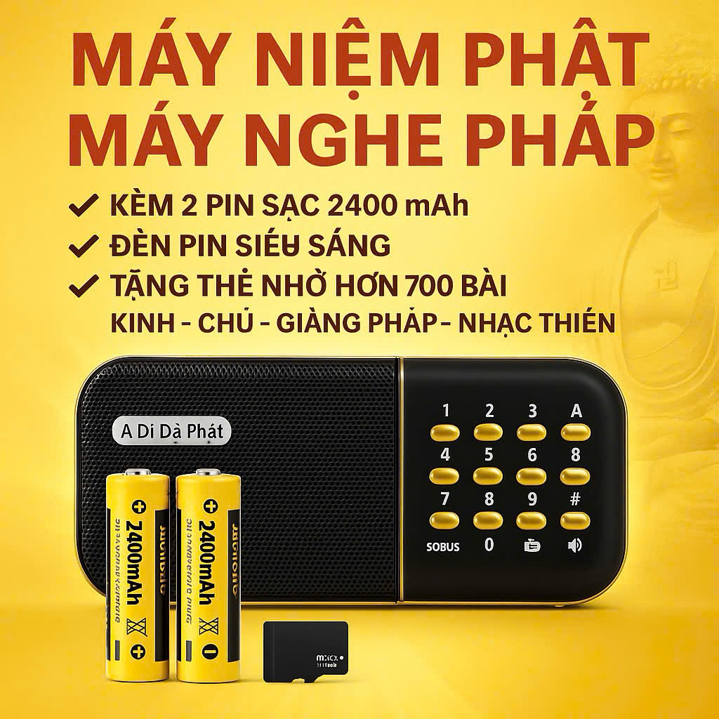 Máy Niệm Phật-Máy Nghe Pháp Chất Lượng Cao- Sẵn 54 Bài Niệm Phật-2pin-Có Đèn Pin