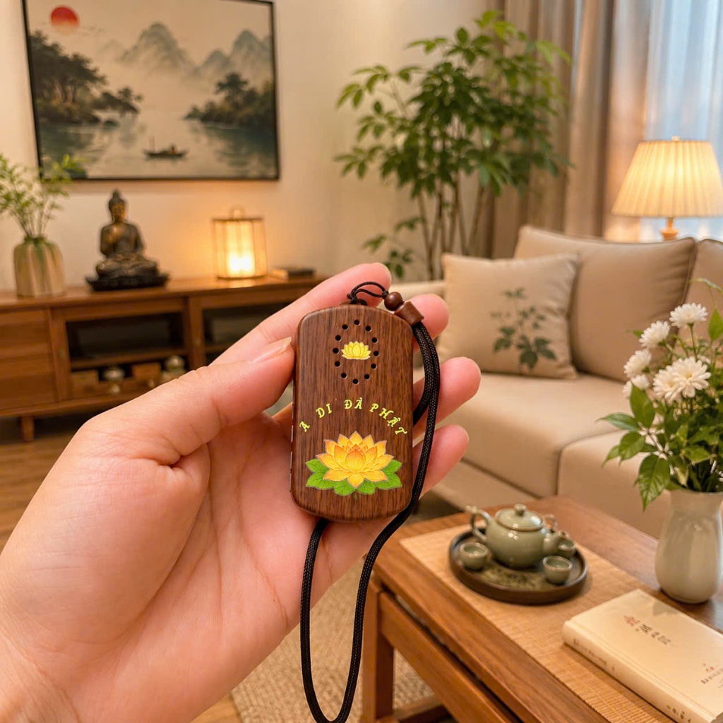 Máy Niệm Phật Mini Hoa Sen 57 Bài – Âm Thanh Rõ, Nhỏ Gọn, Tặng Dây Đeo + Cốc Sạc